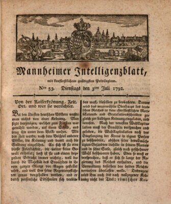 Mannheimer Intelligenzblatt Dienstag 3. Juli 1792