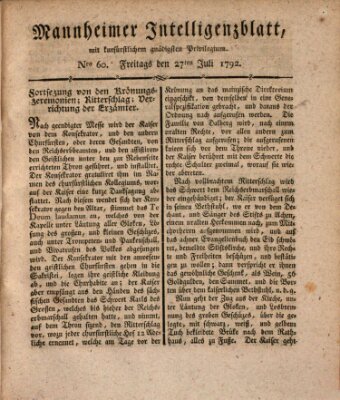 Mannheimer Intelligenzblatt Freitag 27. Juli 1792