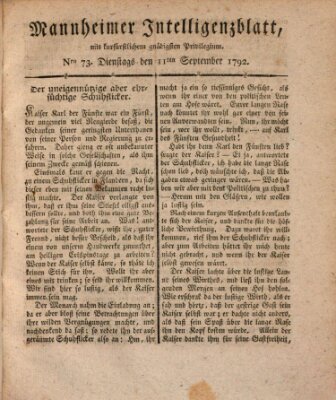 Mannheimer Intelligenzblatt Dienstag 11. September 1792