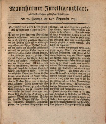 Mannheimer Intelligenzblatt Freitag 14. September 1792