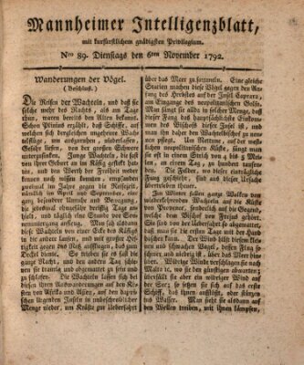 Mannheimer Intelligenzblatt Dienstag 6. November 1792