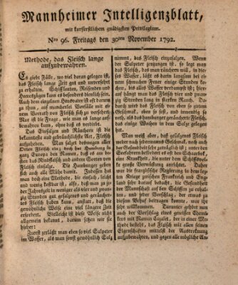 Mannheimer Intelligenzblatt Freitag 30. November 1792