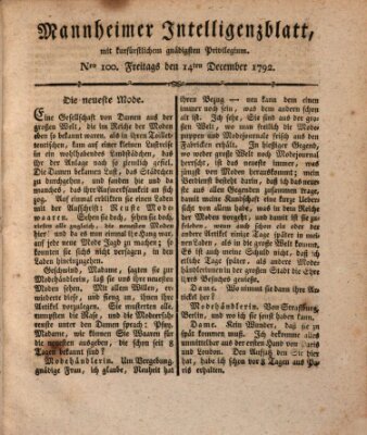 Mannheimer Intelligenzblatt Freitag 14. Dezember 1792