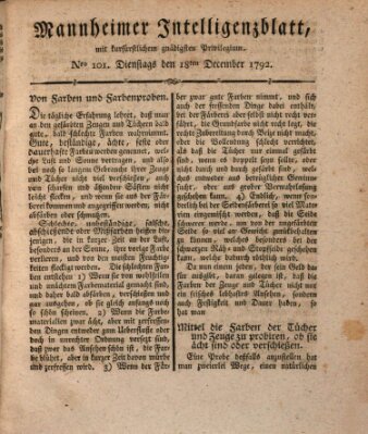 Mannheimer Intelligenzblatt Dienstag 18. Dezember 1792