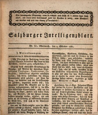 Salzburger Intelligenzblatt Mittwoch 5. Oktober 1785