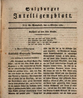 Salzburger Intelligenzblatt Samstag 17. Oktober 1789