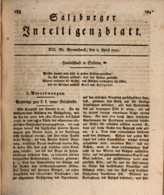 Salzburger Intelligenzblatt Samstag 2. April 1791