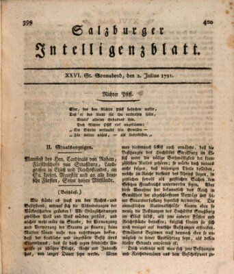 Salzburger Intelligenzblatt Samstag 2. Juli 1791