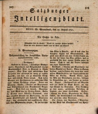 Salzburger Intelligenzblatt Samstag 27. August 1791