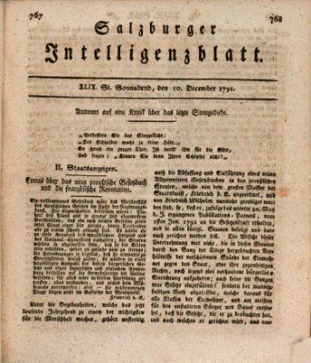 Salzburger Intelligenzblatt Samstag 10. Dezember 1791