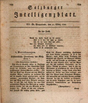 Salzburger Intelligenzblatt Samstag 31. März 1792