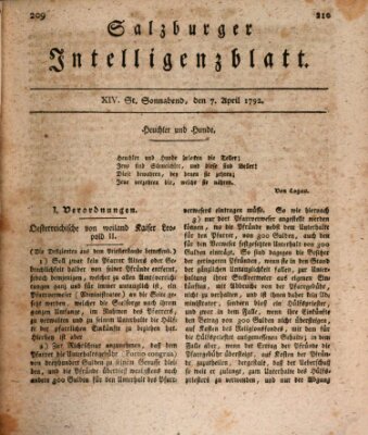 Salzburger Intelligenzblatt Samstag 7. April 1792