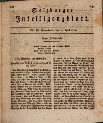 Salzburger Intelligenzblatt Samstag 21. April 1792