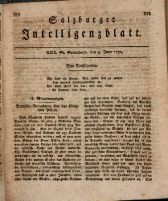 Salzburger Intelligenzblatt Samstag 9. Juni 1792