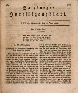 Salzburger Intelligenzblatt Samstag 16. Juni 1792