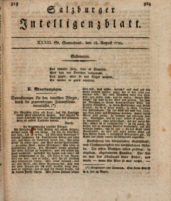 Salzburger Intelligenzblatt Samstag 18. August 1792
