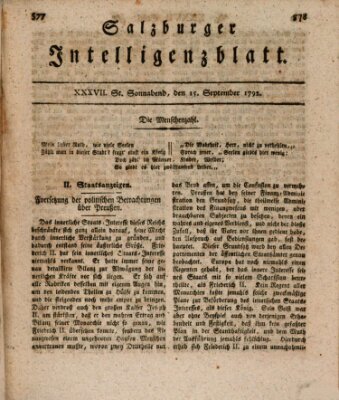 Salzburger Intelligenzblatt Samstag 15. September 1792