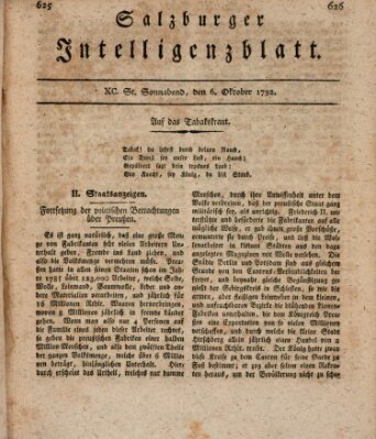 Salzburger Intelligenzblatt Samstag 6. Oktober 1792