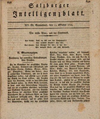 Salzburger Intelligenzblatt Samstag 13. Oktober 1792