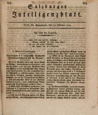 Salzburger Intelligenzblatt Samstag 27. Oktober 1792