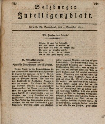 Salzburger Intelligenzblatt Samstag 1. Dezember 1792