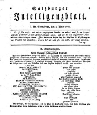 Salzburger Intelligenzblatt Samstag 2. Januar 1796