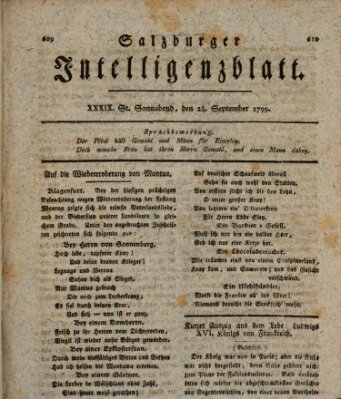 Salzburger Intelligenzblatt Samstag 28. September 1799