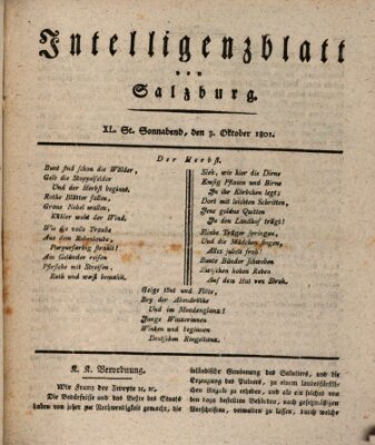 Intelligenzblatt von Salzburg (Salzburger Intelligenzblatt) Samstag 3. Oktober 1801