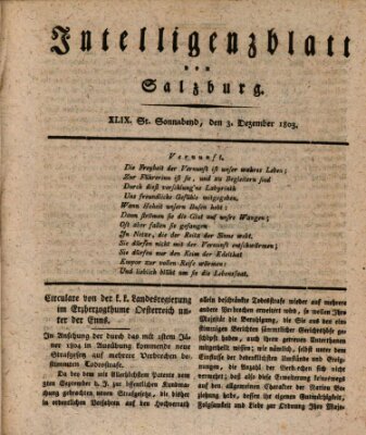 Intelligenzblatt von Salzburg (Salzburger Intelligenzblatt) Samstag 3. Dezember 1803