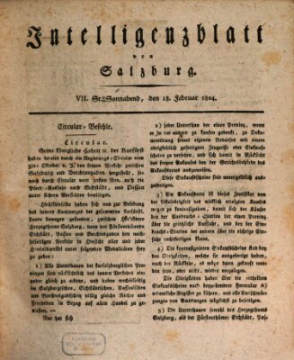 Intelligenzblatt von Salzburg (Salzburger Intelligenzblatt) Samstag 18. Februar 1804