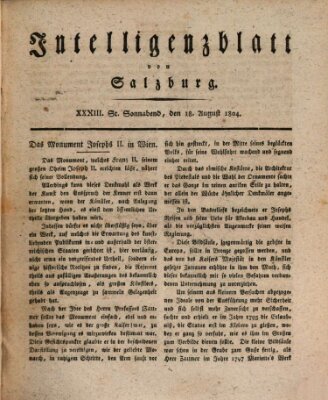 Intelligenzblatt von Salzburg (Salzburger Intelligenzblatt) Samstag 18. August 1804