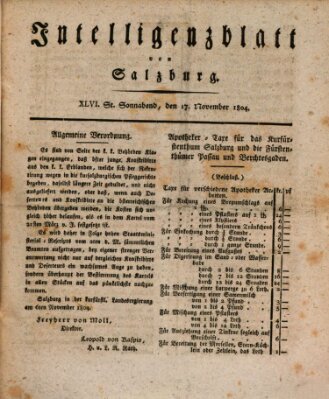 Intelligenzblatt von Salzburg (Salzburger Intelligenzblatt) Samstag 17. November 1804