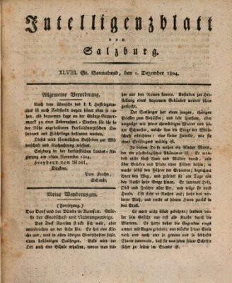 Intelligenzblatt von Salzburg (Salzburger Intelligenzblatt) Samstag 1. Dezember 1804