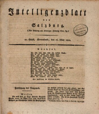 Intelligenzblatt von Salzburg (Salzburger Intelligenzblatt) Samstag 26. Mai 1810