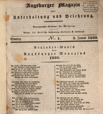 Augsburger Magazin für Unterhaltung und Belehrung (Neue Augsburger Zeitung) Sonntag 3. Januar 1830