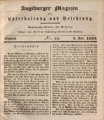 Augsburger Magazin für Unterhaltung und Belehrung (Neue Augsburger Zeitung) Mittwoch 3. Februar 1830