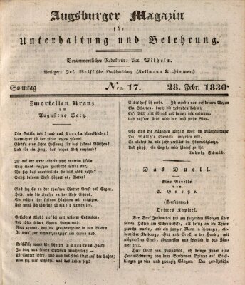 Augsburger Magazin für Unterhaltung und Belehrung (Neue Augsburger Zeitung) Sonntag 28. Februar 1830