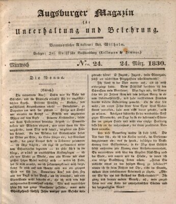 Augsburger Magazin für Unterhaltung und Belehrung (Neue Augsburger Zeitung) Mittwoch 24. März 1830