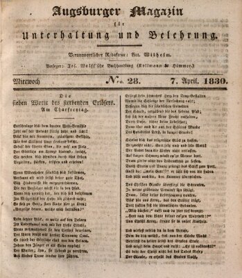 Augsburger Magazin für Unterhaltung und Belehrung (Neue Augsburger Zeitung) Mittwoch 7. April 1830