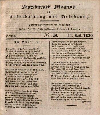 Augsburger Magazin für Unterhaltung und Belehrung (Neue Augsburger Zeitung) Sonntag 11. April 1830