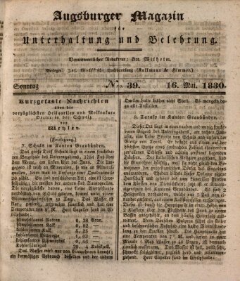 Augsburger Magazin für Unterhaltung und Belehrung (Neue Augsburger Zeitung) Sonntag 16. Mai 1830