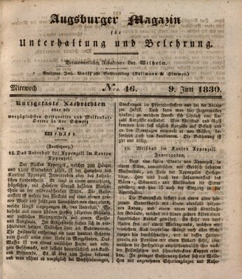 Augsburger Magazin für Unterhaltung und Belehrung (Neue Augsburger Zeitung) Mittwoch 9. Juni 1830