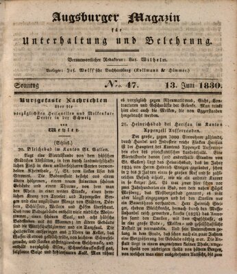 Augsburger Magazin für Unterhaltung und Belehrung (Neue Augsburger Zeitung) Sonntag 13. Juni 1830