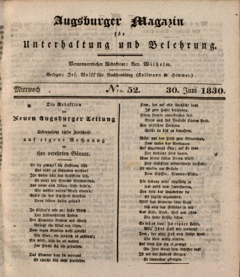 Augsburger Magazin für Unterhaltung und Belehrung (Neue Augsburger Zeitung) Mittwoch 30. Juni 1830