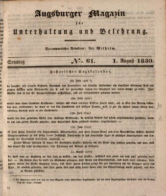 Augsburger Magazin für Unterhaltung und Belehrung (Neue Augsburger Zeitung) Sonntag 1. August 1830