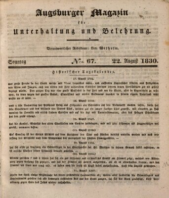 Augsburger Magazin für Unterhaltung und Belehrung (Neue Augsburger Zeitung) Sonntag 22. August 1830