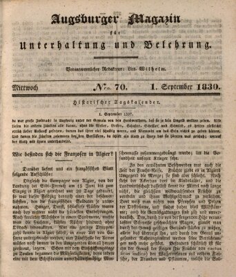 Augsburger Magazin für Unterhaltung und Belehrung (Neue Augsburger Zeitung) Mittwoch 1. September 1830