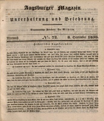Augsburger Magazin für Unterhaltung und Belehrung (Neue Augsburger Zeitung) Mittwoch 8. September 1830