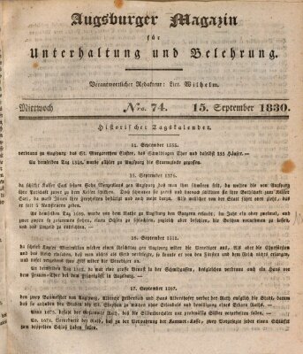 Augsburger Magazin für Unterhaltung und Belehrung (Neue Augsburger Zeitung) Mittwoch 15. September 1830