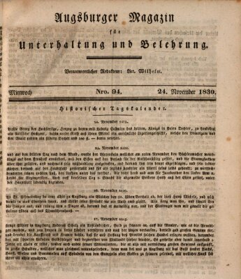 Augsburger Magazin für Unterhaltung und Belehrung (Neue Augsburger Zeitung) Mittwoch 24. November 1830